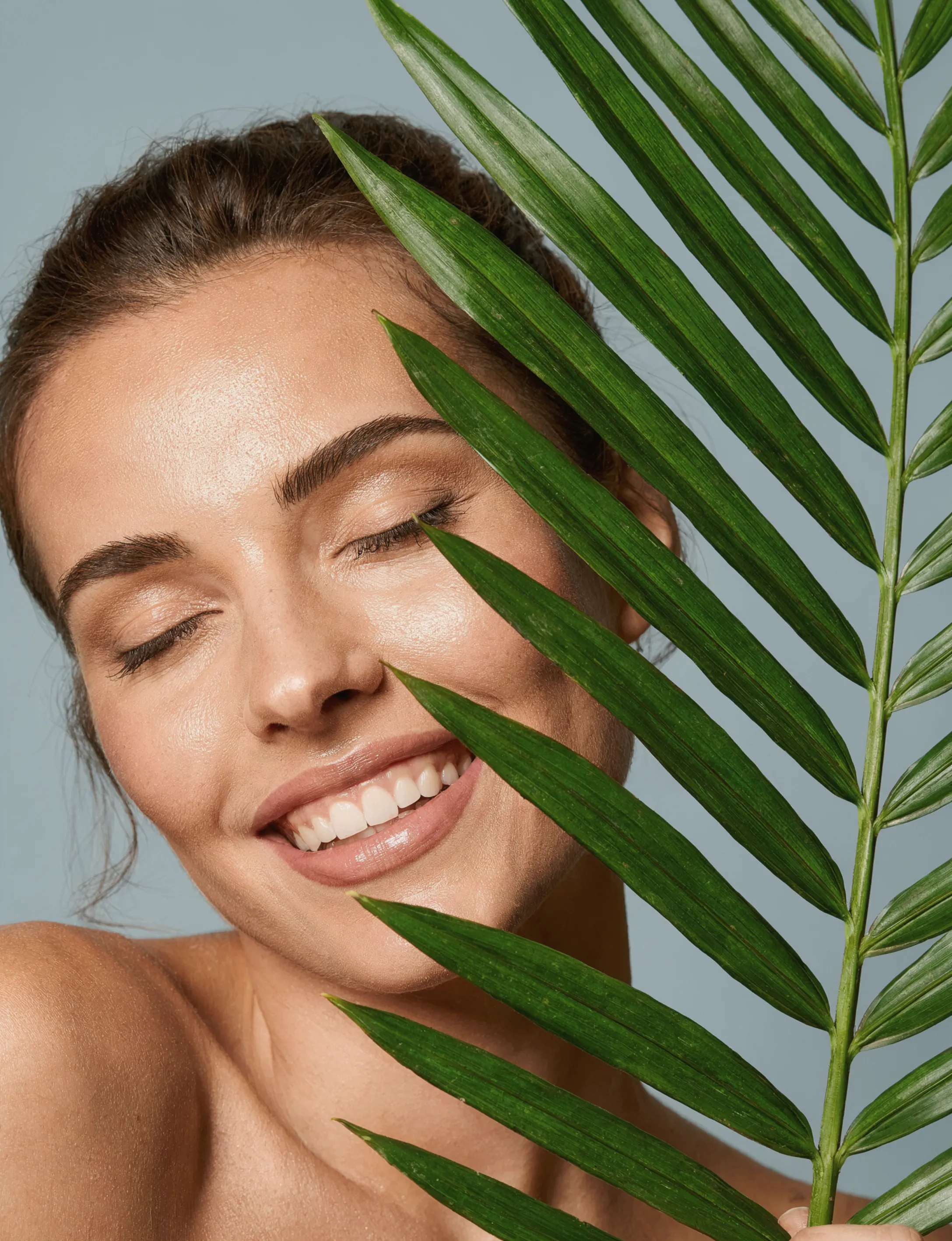 Relaxed woman with glowing skin behind a palm leaf